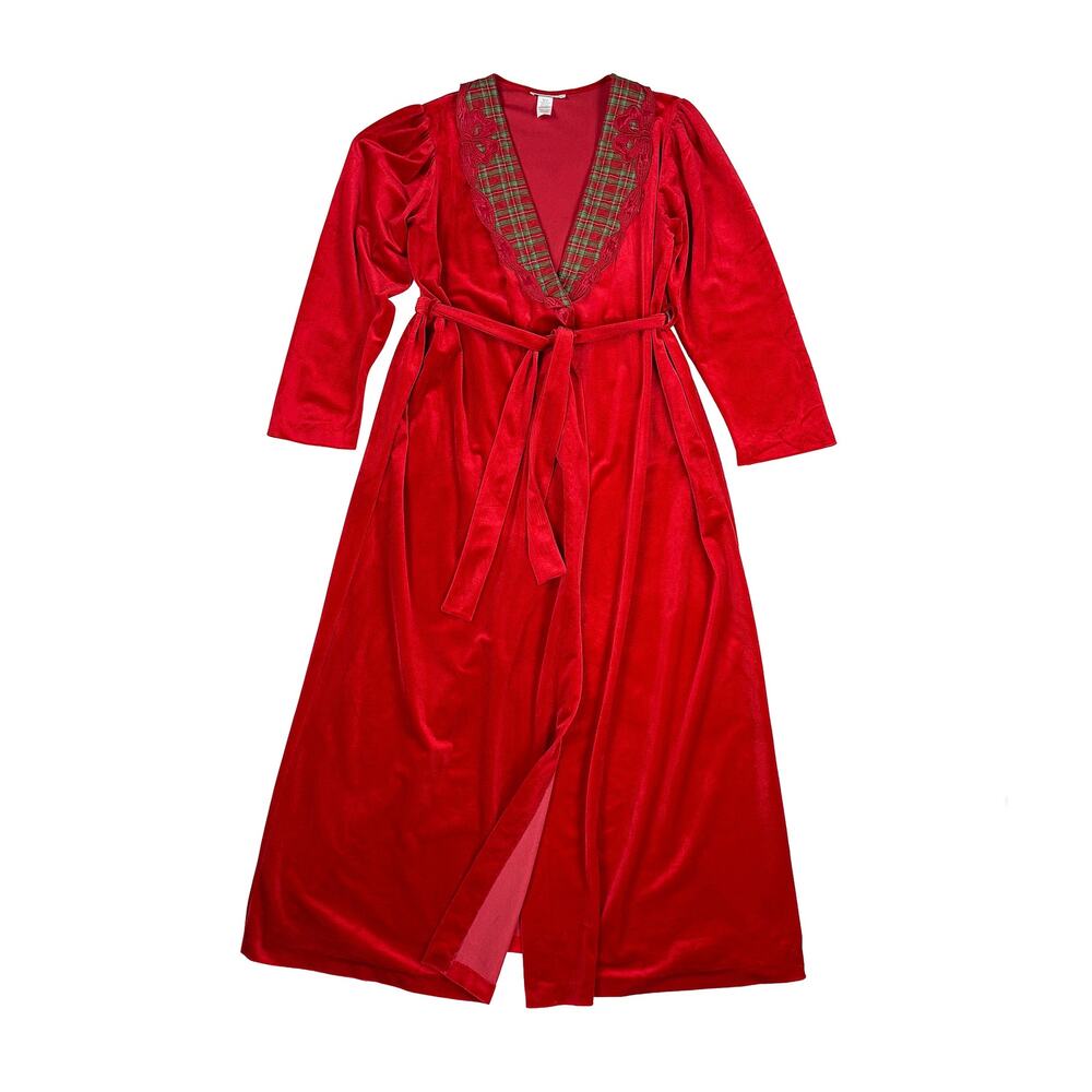 Komar Velvet Robe VTG Women M Red Tartan Plaid Trim Christmas Cottagecore USA